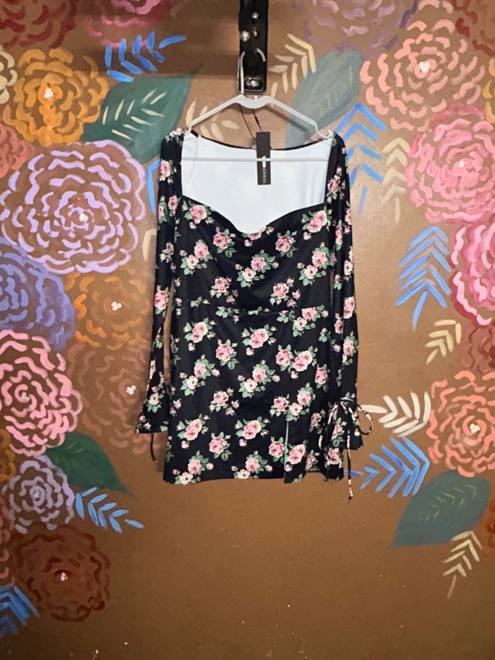 Fashion Nova Black Floral Long Sleeve Mini Dress with Pink Roses